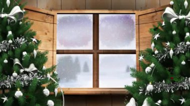 Kar yağışı ve kış manzarası üzerine pencere ve Noel ağacı animasyonu. Noel, gelenek ve kutlama konsepti dijital olarak oluşturuldu.