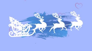 Noel Baba 'nın kızakta, yağan karların üzerinde hareket eden ren geyikleriyle canlandırması. Noel, gelenek ve kutlama konsepti dijital olarak oluşturuldu.