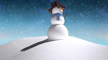 Kış manzarasında gülen kardan adamın üzerine yağan kar animasyonu. Noel, kış, gelenek ve kutlama konsepti dijital olarak oluşturulmuş video.