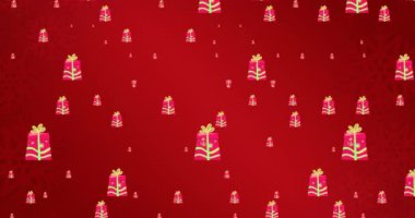 Kırmızı zemine düşen hediyelerin canlandırması. Noel, gelenek ve kutlama konsepti dijital olarak oluşturuldu.