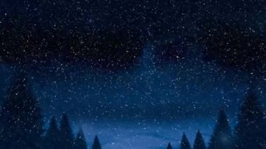 Kış manzarasında köknar ağaçlarının üzerine düşen kar animasyonu. Noel, gelenek ve kutlama konsepti dijital olarak oluşturuldu.