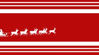 Animasyon Noel Baba 'sı kızakta, ren geyikleri kırmızı çizgili Noel arkaplanına doğru ilerliyor. Noel, gelenek ve kutlama konsepti dijital olarak oluşturuldu.