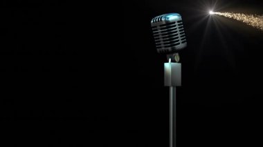 Retro metalik mikrofon, altın kayan yıldıza karşı siyah arka plan. müzik etkinliği ve kutlama konsepti