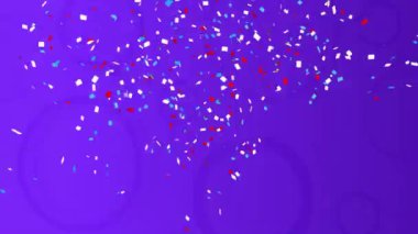 Mor arka planda parlayan dairelerin üzerine düşen konfeti animasyonu. parti ve kutlama konsepti dijital olarak oluşturulmuş video.
