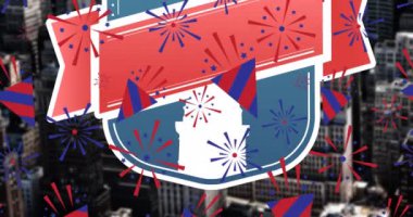 Özgürlük heykeli üzerinde kutlama mısırlarının ve havai fişeklerin canlandırması. Amerikan vatanseverliği, bağımsızlık ve kutlama konsepti dijital olarak oluşturulmuş video.