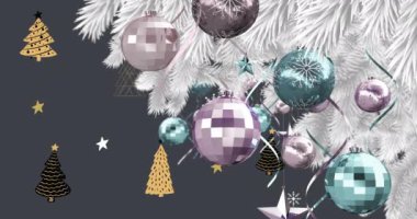 Yılbaşı süslemelerinin üzerine düşen karlı bir animasyon. Noel, gelenek ve kutlama konsepti dijital olarak oluşturuldu.