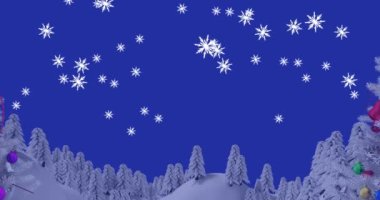 Kış manzarasına düşen yılbaşı ağaçları ve karların animasyonu. Noel, gelenek ve kutlama konsepti dijital olarak oluşturuldu.