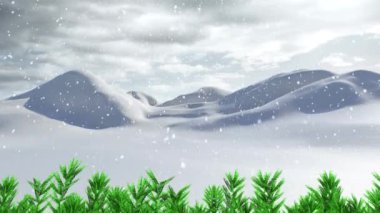 Kış manzarası boyunca çam ağaçlarının animasyonu. Noel, gelenek ve kutlama konsepti dijital olarak oluşturuldu.