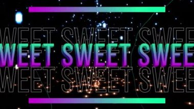 Parlayan ışıkların üzerinde tatlı metin animasyonu. Video oyunu, eğlence ve dijital arayüz kavramı dijital olarak oluşturuldu.