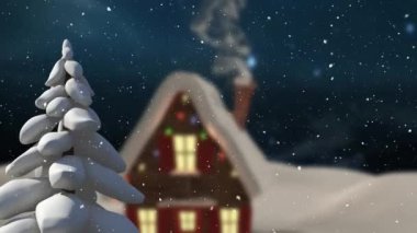 Mavi arka planda dekore edilmiş evle kış manzarasının animasyonu. Noel, kış, gelenek ve kutlama konsepti dijital olarak oluşturulmuş video.