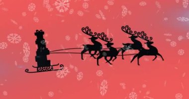 Kırmızı zemine yağan karlar üzerine düşen ren geyikleriyle kızakta yılbaşı hediyelerinin canlandırılması. Noel, gelenek ve kutlama konsepti dijital olarak oluşturuldu.