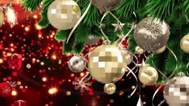 Kırmızı arka planda, hediyeler, kar ve yıldızlarla dolu bir Noel animasyonu. Noel, gelenek ve kutlama konsepti dijital olarak oluşturuldu.