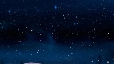 Gece gökyüzünde parlayan mavi yıldızlara karşı kış manzarasında evin üzerine kar yağıyor. Noel şenliği ve kutlama konsepti