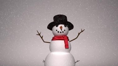 Gri arka planda şapka takan kardan adamın üzerine kar yağıyor. Noel şenliği ve kutlama konsepti