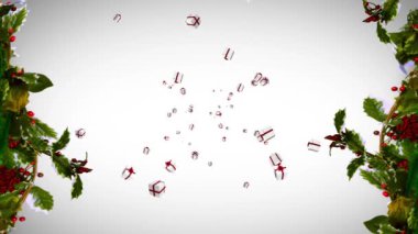 Beyaz arka plandaki köknar dallarının üzerine düşen hediyelerin animasyonu. Noel, kış, gelenek ve kutlama konsepti dijital olarak oluşturulmuş video.