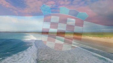 Deniz manzarasında dalgalanan Hırvat bayrağının animasyonu. seyahat, tatiller, vatanseverlik ve dijital olarak üretilen video konsepti.