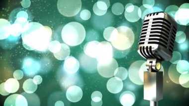 Retro metalik mikrofon, mavi arka plandaki ışık noktalarına karşı. müzik etkinliği ve kutlama konsepti