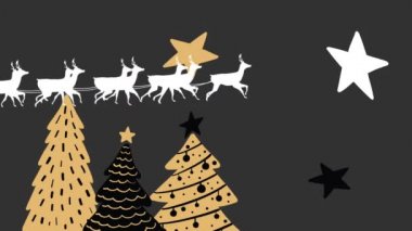 Siyah arka planda ren geyiği olan Noel Baba ve Noel Baba 'nın kızakta canlandırılması. Noel, kış, gelenek ve kutlama konsepti dijital olarak oluşturulmuş video.