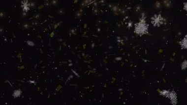 Siyah arka planda konfeti ve kar taneleri animasyonu. Noel, kış, gelenek ve kutlama konsepti dijital olarak oluşturulmuş video.