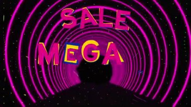 Siyah arkaplanda hareket eden dairelerin üzerindeki satılık metnin animasyonu. perakende ve alışveriş konsepti dijital olarak oluşturulmuş video.