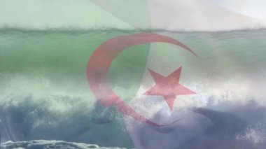 Denizlerde dalgalanan Cezayir bayrağının animasyonu. seyahat, tatiller, vatanseverlik ve dijital olarak üretilen video konsepti.