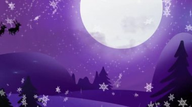 Noel Baba 'ya karşı kızakta yüzen kar taneleri gece gökyüzünde ren geyikleri tarafından çekiliyor. Noel şenliği ve kutlama konsepti