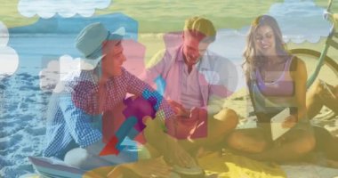 Mutlu arkadaşların tablet kullanması üzerine renkli yapboz parçaları ve otizm metinlerinin animasyonu. otizm, öğrenme güçlüğü, destek ve farkındalık kavramı dijital olarak oluşturulmuş video.