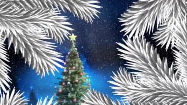 Gece gökyüzünde parlayan yıldızlara karşı beyaz noel ağacının üzerine düşen bir Noel ağacı dalları. Noel şenliği ve kutlama konsepti