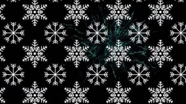 Kar tanelerinin animasyonu ve koyu arkaplanda havai fişekler. Noel, gelenek ve kutlama konsepti dijital olarak oluşturuldu.
