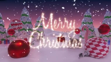 Kar yağışı ve mutlu noel mesajları. Kış manzarasında takılar ve noel ağaçları. Noel şenliği ve kutlama konsepti