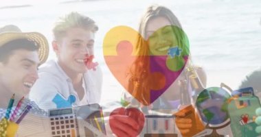 Renkli yapboz parçaları ve okul ikonlarının animasyonu plaj partisinde bira içen arkadaşlara karşı. otizm, öğrenme güçlüğü, destek ve farkındalık kavramı dijital olarak oluşturulmuş video.