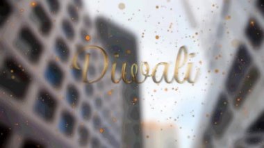 Diwali metin afişi ve sarı noktalar arka plandaki yüksek binalara karşı yüzüyor. diwali şenlik ve kutlama konsepti