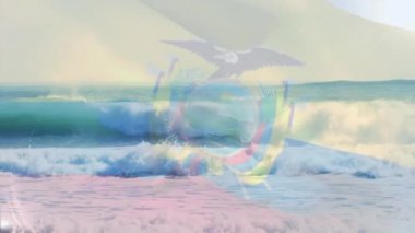 Sahilde dalgalanan ekvator bayrağının animasyonu. seyahat, tatiller, vatanseverlik ve dijital olarak üretilen video konsepti.