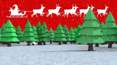 Noel Baba 'nın kızaktaki animasyonu. Ren geyikleri köknar ağaçlarının üzerinden kış manzarasına doğru hareket ediyor. Noel, gelenek ve kutlama konsepti dijital olarak oluşturuldu.