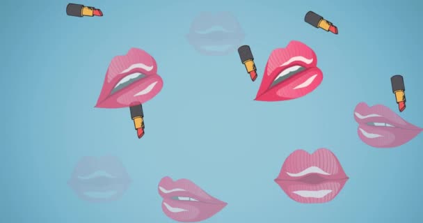 Animatie Van Lippenstift Lippen Pictogrammen Blauwe Achtergrond Mode Accessoires Achtergrond — Stockvideo