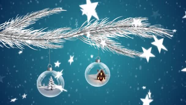 Animação Estrelas Cadentes Sobre Bugigangas Natal Fundo Azul Natal Inverno — Vídeo de Stock