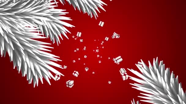 Animace Dárků Padajících Jedle Větví Červeném Pozadí Vánoční Zimní Tradiční — Stock video