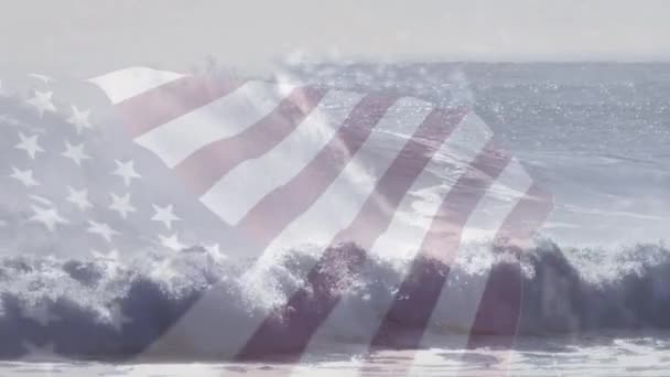 Animation Usa Flagga Blåser Över Våg Havet Resor Semester Patriotism — Stockvideo