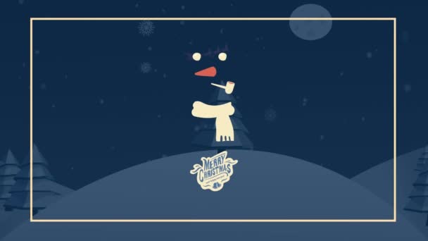 夜の風景の上に陽気なクリスマスのテキストと雪だるまのアニメーション クリスマス 伝統とお祝いのコンセプトデジタルで生成されたビデオ — ストック動画