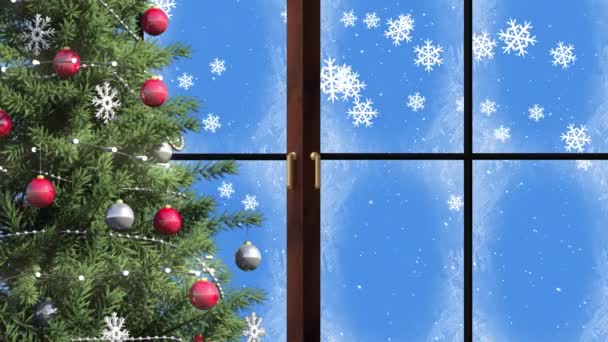 Animation Fenêtre Arbre Noël Sur Neige Tombant Noël Tradition Concept — Video