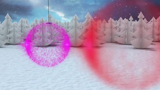 Kleurrijke Kerstballen Decoraties Tegen Sneeuw Vallen Boven Het Winterlandschap Tegen — Stockvideo