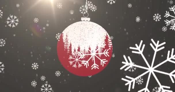 Animacja Płatków Śniegu Spadających Świąteczną Dekorację Bombkową Boże Narodzenie Tradycja — Wideo stockowe