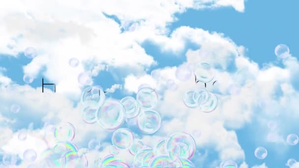 Mutlu Yıllar Mesajı Bulutlu Gökyüzünde Sabun Köpüklerinin Animasyonu Doğum Günü — Stok video