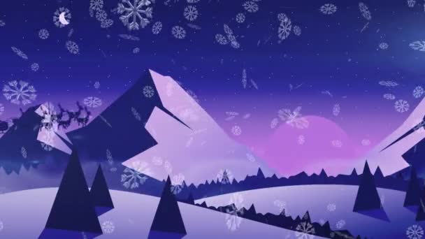 Снежинки Падающие Санта Клауса Санях Тянутся Северными Оленями Зимнему Пейзажу — стоковое видео
