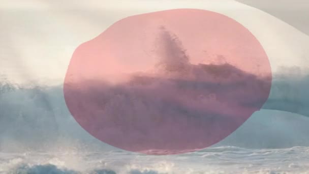 Animación Bandera Japón Soplando Sobre Paisaje Marino Playa Viajes Vacaciones — Vídeos de Stock