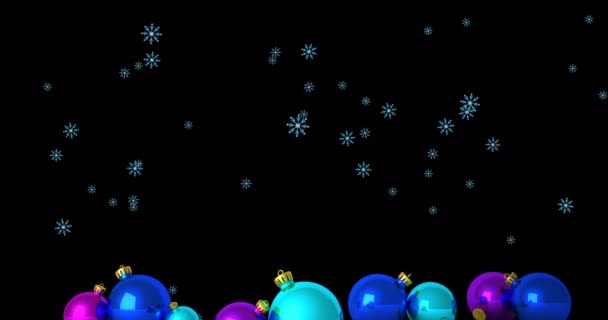 Animazione Fiocchi Neve Che Cadono Sopra Bagattelle Natale Sfondo Nero — Video Stock