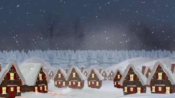 Animatie Van Sneeuw Vallen Huizen Versierd Met Feeënlichtjes Het Winterlandschap — Stockvideo