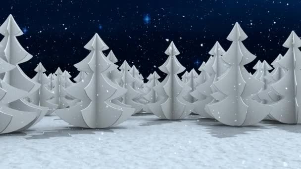 Sníh Padající Více Stromů Zimní Krajině Proti Zářícím Hvězdám Modrém — Stock video