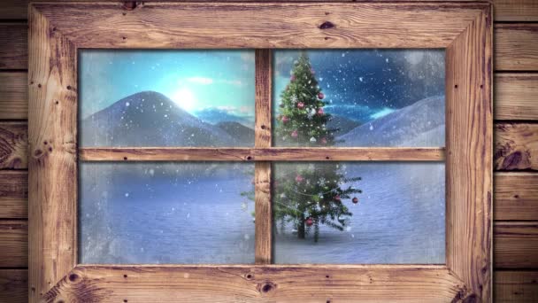 Cadre Fenêtre Bois Contre Neige Tombant Sur Arbre Noël Sur — Video