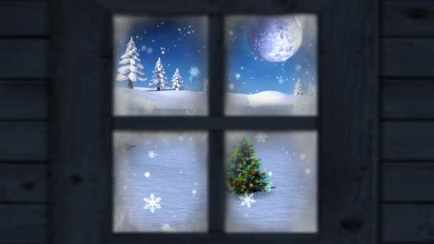 Animatie Van Raamzicht Van Kerstboom Winterlandschap Animatie Van Raamzicht Kerstversiering — Stockvideo